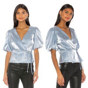 AMANDA UPRICHARD Maggie Blouse Top Wrap Puff Sleeve in Mist Icy Blue Size S